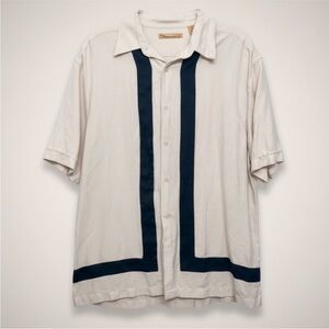 The Havanera Co Cream Navy Stripe Guayabera Camp Shirt Men’s L Resort Button Up